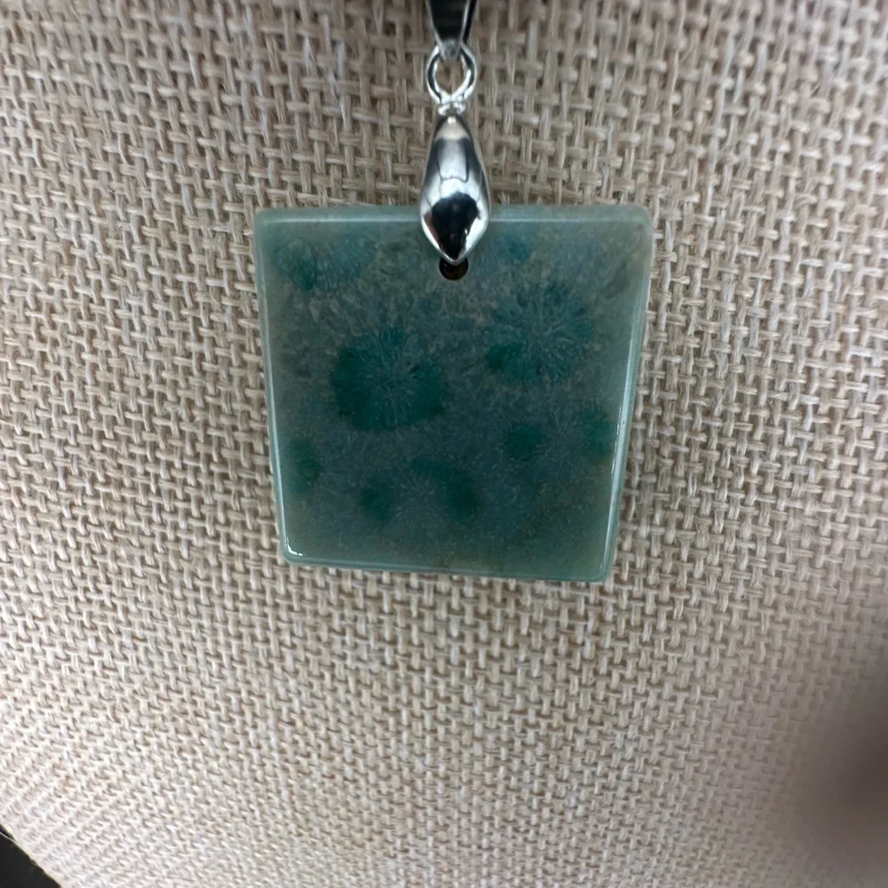 Light Green Coral Fossil Pendant Necklace on Black Satin Rope - Picture 10 of 15
